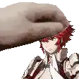 a hand is putting a hat on a girl with red hair .