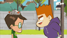 a cartoon of a boy with a robot on his head talking to another boy with a purple hoodie