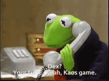 kermit the frog is talking on a phone and says " dex "