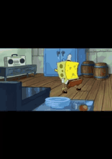 a cartoon of spongebob is dancing in a living room