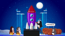 a cartoon of penguins standing around a rocket that says spacex