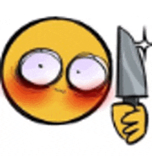 a yellow smiley face is holding a knife .