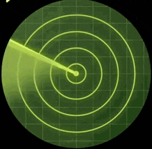 a radar screen shows a green circle with a white arrow pointing to the center