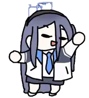 a cartoon of a girl with long black hair and a blue tie is dancing .