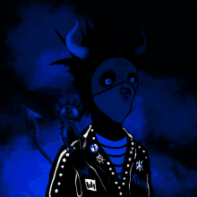 a drawing of a person with horns and a raven jacket