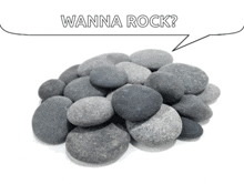 a pile of rocks with a speech bubble that reads wanna rock