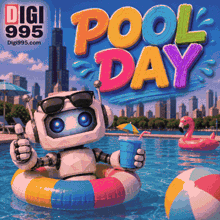 a robot is floating in a pool holding a drink and giving a thumbs up