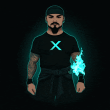 a man with a beard wears a black shirt with an x on it