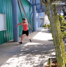 a man in a red tank top and black shorts is running in front of a green building with a cactus in the foreground