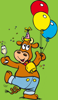 a cartoon cow is holding balloons and a glass of wine