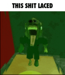 a cartoon character is standing in a dark room with his mouth open and his tongue out .