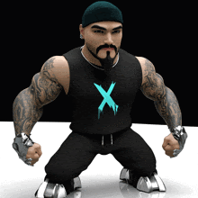 a man with a beard and tattoos wears a black tank top with a blue x on it