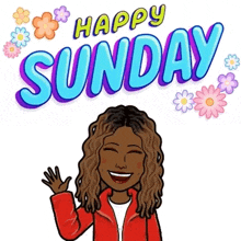 a cartoon of a woman says happy sunday with flowers in the background