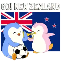 two penguins blowing horns in front of a flag with the words go new zealand