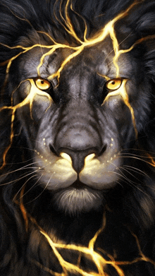 a close up of a lion 's face with lightning bolts coming out of its mane