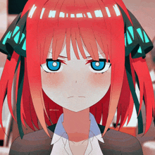 a close up of a red haired anime girl with a blue eye