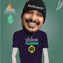 a man wearing a shirt that says shitcoin millionaire on it