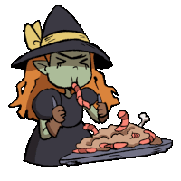 a cartoon of a witch eating a pile of sausages