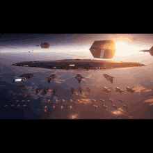 a group of space ships are flying in formation in the sky