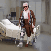 a man with crutches standing in front of a hospital bed that says ' ec ' on it