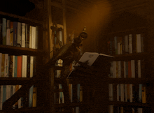 a book in a library with a skeleton holding a book