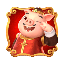 a cartoon pig wearing a red and brown outfit and a crown is giving the peace sign .