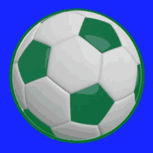 a green and white soccer ball with a green border on a blue background