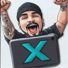 a cartoon of a man holding a laptop with the letter x