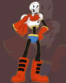 a cartoon drawing of papyrus wearing red boots and a scarf