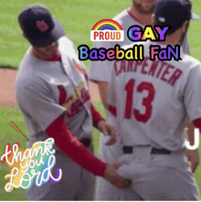 a baseball player with the number 13 on his back is being touched by another player