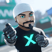 a man with a beard and blue eyes is wearing a black shirt with a green x on it