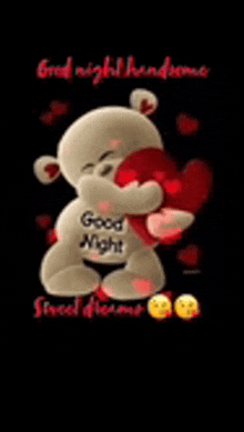 a teddy bear is hugging a red heart with the words `` good night '' written on it .