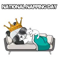 a panda bear wearing a crown is sleeping on a couch