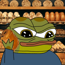 a cartoon frog holding a pastry in front of a bakery