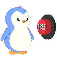a cartoon penguin is pressing a red button that says 2026 start