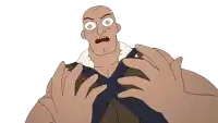 a cartoon of a bald man with a swirling eye and his mouth open