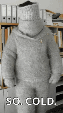 a person wearing a sweater that says so cold on the bottom
