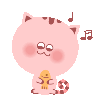 a pink cat is holding a fish in its paws with music notes above it