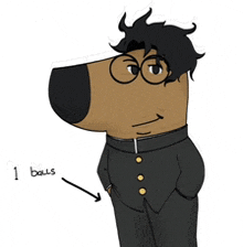 a cartoon dog wearing glasses and a suit has 1 balls written on the bottom of his chest