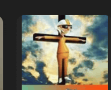 a cartoon character is standing on a cross with his arms crossed