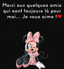 a picture of minnie mouse in a pink dress on a black background with a heart .