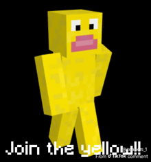 a yellow minecraft character with a pink mouth is asking people to join the yellow
