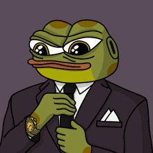 a cartoon frog wearing a suit and tie with a watch on his wrist