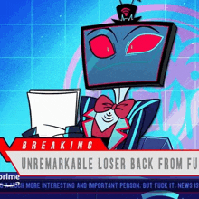 a cartoon character with a tv head and red eyes is sitting in front of a news report .