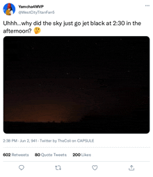 a tweet from yamcha4mvp asking why the sky just went black at 2:30