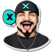 a cartoon of a man with a beard wearing a black hat with a blue x on it