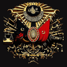 a black and gold emblem with a red flag in the middle