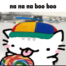 a drawing of a hello kitty wearing a colorful hat and holding a lollipop .