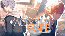 a couple of anime characters standing next to each other with the words " aoyshi cafe " on the bottom