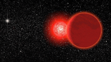 an artist 's impression of a red star and a red planet in a galaxy .